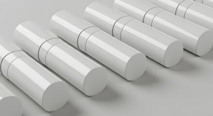 Close-up of lipstick tubes with customizable white packaging on a neutral background