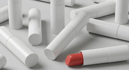 Close-up of lipstick tubes with customizable white packaging on a neutral background
