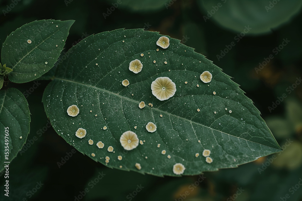 Aufkleber macro view of green leaf plant with peculiar fungal spots displaying unique circular patterns and or