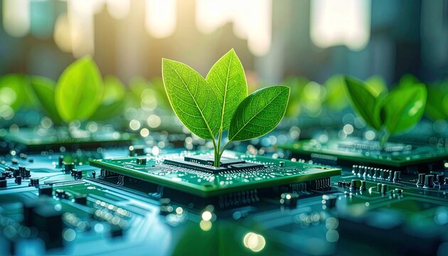 E-waste recycling circuit gadgets recovery concept. Futuristic plants growing on a circuit board background. - Powered by Adobe