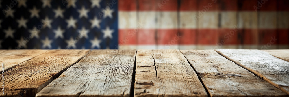 Aufkleber rustic wooden tabletop with american flag backdrop generative ai