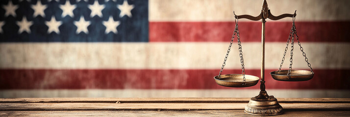 Traditional balance scale with American flag backdrop Generative AI