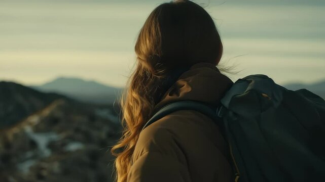 Young Female Backpacker Enjoying Mountain Sunrise
