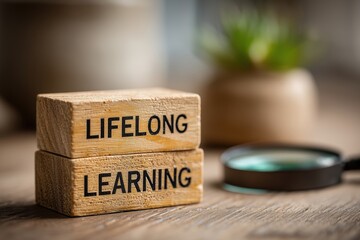 Lifelong learning concept. Text on wooden blocks with a magnifying glass on a desk