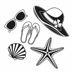 Black vector illustration of beach items: sunglasses, flip-flops, seashell, starfish, and a sunhat, minimal flat design