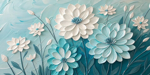 Textured teal and white floral impasto painting