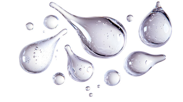 Clear water droplets of various sizes merging and interacting against a white background
