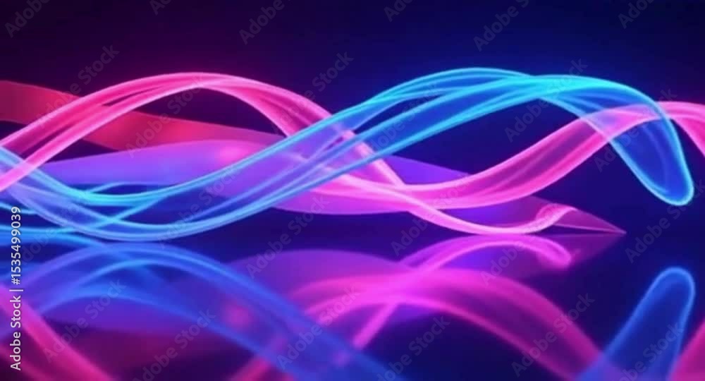 Poster abstract neon light ribbons with reflection on dark background modern design element