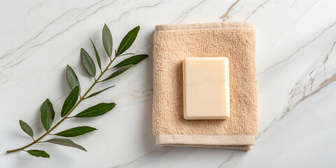 Beige bath towel with natural soap and greenery on marble