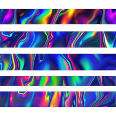 Abstract Holographic Strips: Five abstract holographic strips undulate with vibrant iridescent colors, creating a mesmerizing visual texture for design elements.