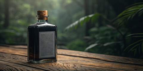 Dark liquid in glass bottle with blank label on rustic wood