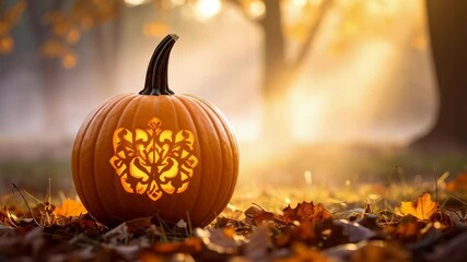 Carved pumpkin with intricate floral design sitting on a bed of fallen leaves in a sunlit autumn landscape in golden tones - Powered by Adobe