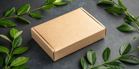 Eco friendly cardboard box surrounded by lush green leaves
