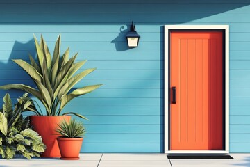 A contemporary house facade featuring a vibrant orange front door against a blue siding, symbolizing modern home design and welcoming curb appeal