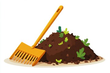 A yellow garden rake leaning against a pile of dark compost with green sprouts, symbolizing gardening, organic farming, and environmental care