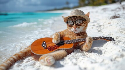 Cat relaxing on beach playing a guitar