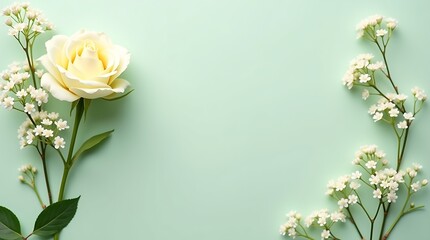 Minimalist mint green background with a single white rose and baby’s breath branches, arranged with soft shadows and empty space for text or branding