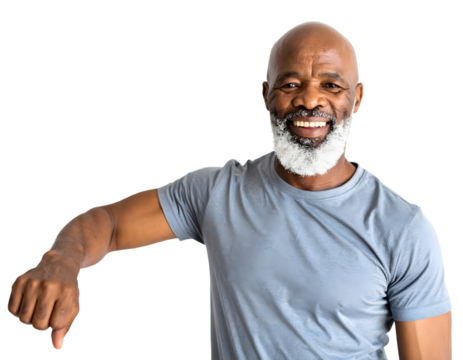 Cheerful senior man showing thumbs down gesture on transparent background