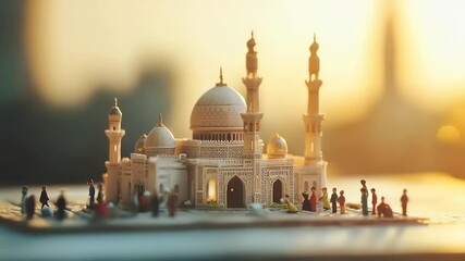 Miniature mosque model with people gathered around it during sunset, showcasing cultural appreciation