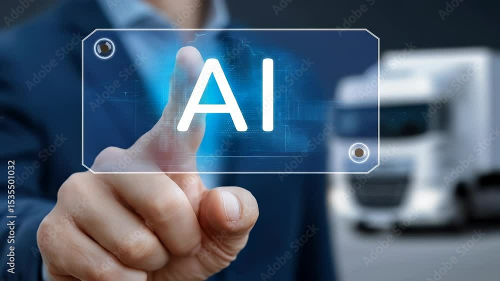 Poster a person presses a virtual ai interface button, with a truck in the background, symbolizing technolo