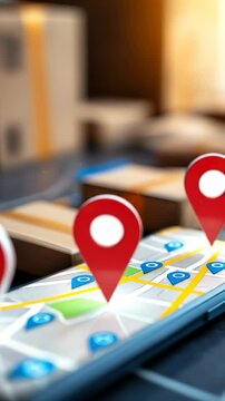A smartphone displays a digital map with location pins, surrounded by cardboard packages, representing delivery and tracking logistics.