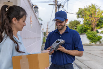 Delivery express courier young man use giving boxes or Food to woman customer  at front home