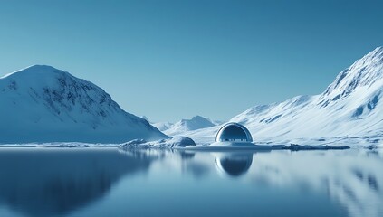 A serene blue dome sits on a tranquil lake surrounded by majestic snow-capped mountains under beautiful clear skies.