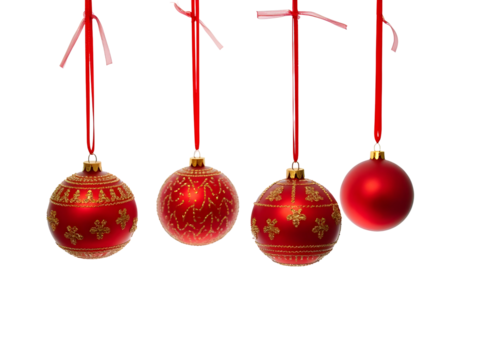 Four Red Christmas Ornament Balls with Gold Detail Hanging from Red and Pink Ribbons Against on a transparent background