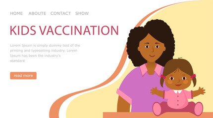 landing page Kids vaccination. African-American Mom and child in medical clinic.