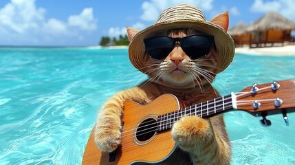 Cat with ukulele in ocean, wearing hat and shades