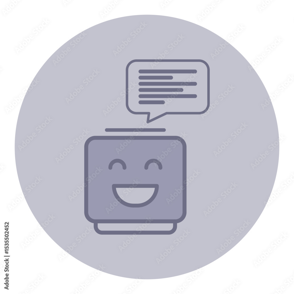 Aufkleber friendly chatbot represented as smiling square shape with speech bubble above it. digital communicat