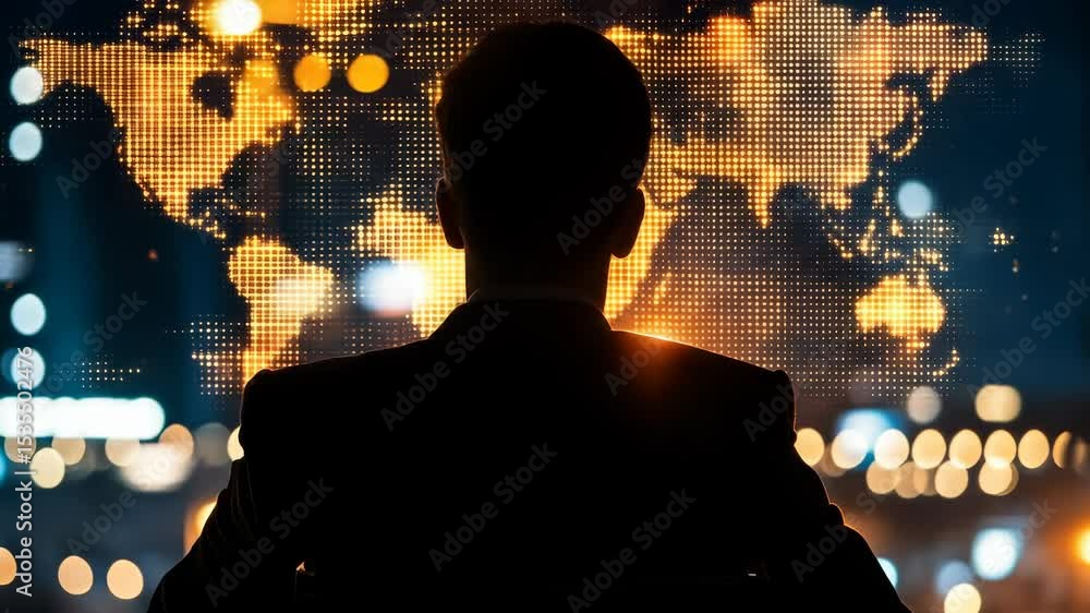 Poster a person in a suit is looking at a large illuminated digital world map display in a dark, modern env