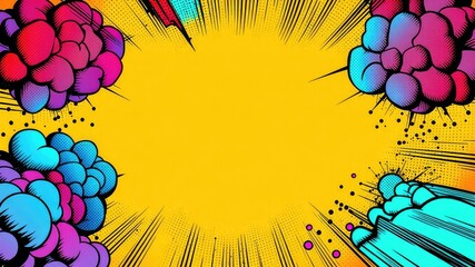 Bright yellow comic book burst with halftone dotted effect, colorful design for graphic novel or promotional poster