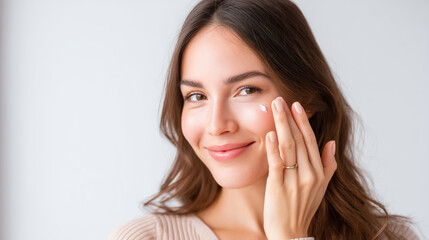 Young woman with smooth skin is gently applying cream to her cheek with her ring finger, smiling softly in bright setting. Skincare and beauty care concept