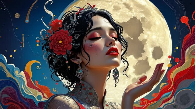 A woman with red hair and a flower crown is reaching out to the moon