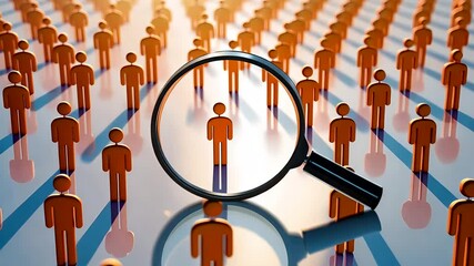 Magnifying glass focusing on individual person icon among crowd for concept of recruitment and targeting