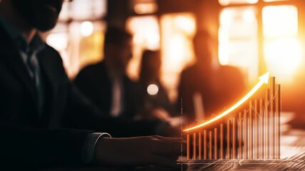 Business professionals in a meeting room with a digital bar graph overlay, suggesting financial analysis or corporate strategy discussion. - Powered by Adobe