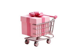 Pink Gift Box with Pink Ribbon in a Small Silver Shopping Cart Isolated on a Transparent Background