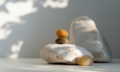 Minimalist Stone Stack in Sunlight on White Gradient Background for Calm Zen Vibes Ideal for Cosmetic Product Podium Display