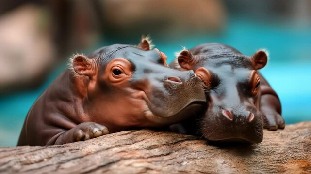 Two adorable baby hippos rest closely together on a log, with a blurred water background.