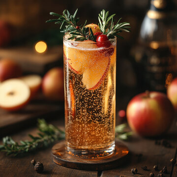 Glass filled with apple cider spilling over the edge.
