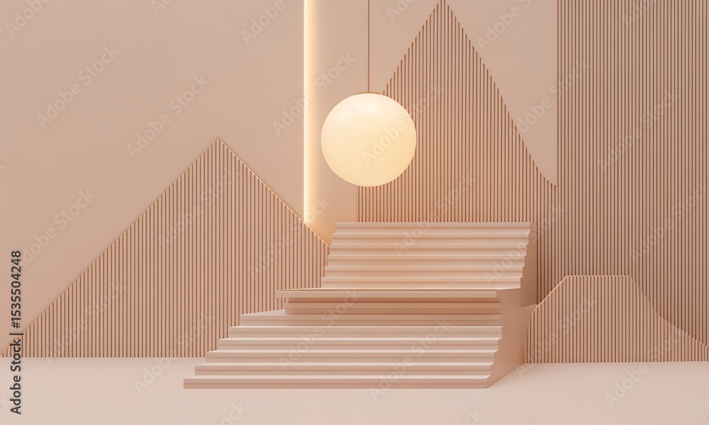 Poster peach geometric podium with illuminated sphere and striped panels for product display and promotion 