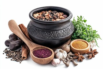 A collection of spices and herbs are displayed in a black pot., with ample copy space for text.