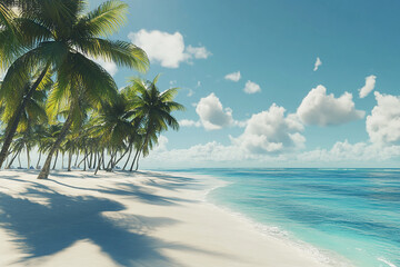 A tropical beach with palm trees and a blue sky filled with white clouds