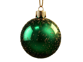 Shiny Green Christmas Ornament with Gold Glitter and Golden  isolated on a transparent background