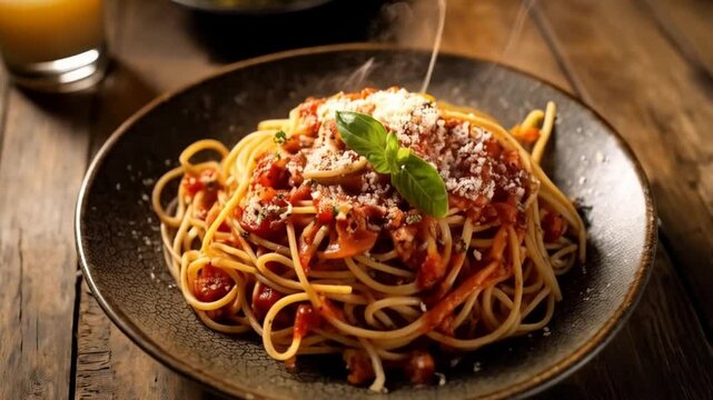 Italian Culinary Symphony: A close-up shot presents a tantalizing plate of spaghetti with rich tomato sauce, meticulously garnished with a sprig of basil and freshly grated cheese.