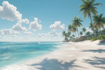 A tropical beach with palm trees, white sand, and a clear blue sky above it