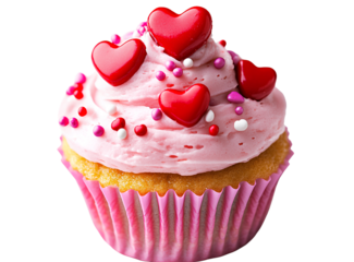  Two cupcakes, one with chocolate frosting and pink sprinkles on top, the other with white frosting and red sprinkles all over 