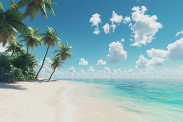 A tropical beach with palm trees, white sand, blue water, and cloudy sky