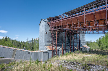 Building and conveyor at an abandoned coal mine in the Rocky Mountains at Nordegg, Alberta, Canada